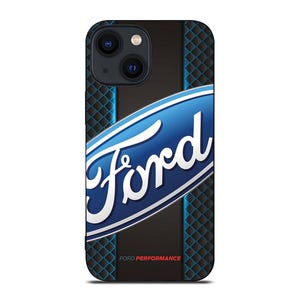 以下が含まれることがあります： 白と青のフォードのロゴが入った黒と青の携帯電話ケース。ケースの側面にはテクスチャード加工されたダイヤモンドパターンがあり、中央は黒で青のアクセントが付いています。「FORD PERFORMANCE」の文字が下部に印刷されています。