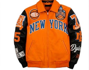Herren Schwarz & Orange Bomber Lederjacke - New York Knicks