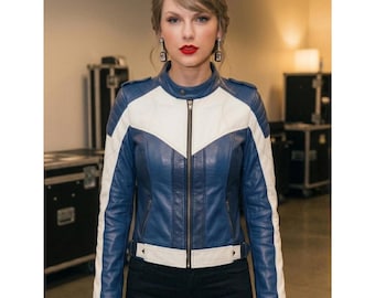 Chaqueta de motociclista de piel de oveja azul rey y blanca para mujer – Ligera y con cremallera