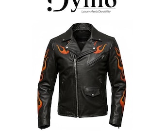 Men’s Black Flame & Skull Biker Leather Jacket – Genuine Sheepskin Moto Style