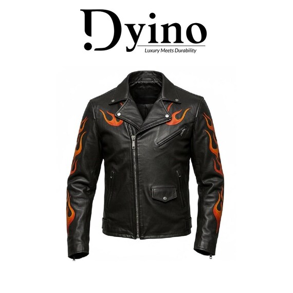 Men’s Black Flame & Skull Biker Leather Jacket – Genuine Sheepskin Moto Style