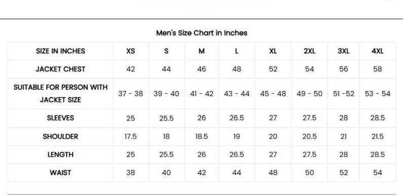 以下が含まれることがあります： 「Men's Size Chart in Inches」というタイトルの白いチャートで、ジャケットの胸囲、袖、肩、丈、ウエストのサイズ測定値が記載されています。サイズはXSから4XLまでで、インチ単位で測定されています。