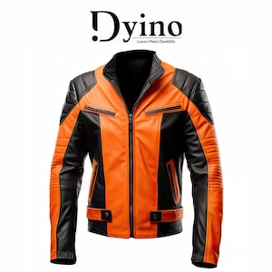 Men’s Orange & Black Genuine Sheepskin Quilted Biker Leather Jacket