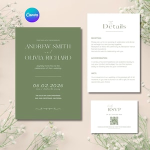 Olive Green Minimalist Wedding Invitation Suite | Editable and Printable Canva Template | RSVP & Details Card | Modern Elegant Invite
