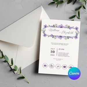 Editable Purple Floral Wedding Invitation Template | Watercolor Lavender Invite | Printable Wedding Card | Instant Download | Canva Template