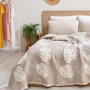 Beige Organic Turkish Cotton Muslin Blanket: King Queen Size