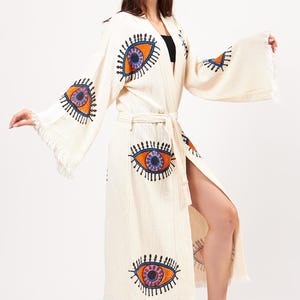 Boho Morning Robe, Kimono Robe, Evil Eye Muslin Kimono, Organic Cotton Spa Robe, Soft and Cozy, Muslin Kimono Robe, Dressing Gown, Kaftan
