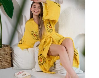 Organic Turkish Cotton Kimono Robe: Boho Evil Eye Caftan