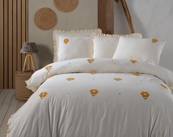 Juego de cama de algodón hecho a mano, funda nórdica tamaño Queen, juego de cama bordado tamaño King, juego de colcha y sábanas bohemias, funda nórdica tamaño King o Queen.