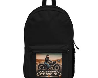 History Hwy Vintage Motorcycle Backpack with Retro Vibe, Perfect for Adventure Lovers, Ideal for Travel, School, Gifts, Outdoor Activities