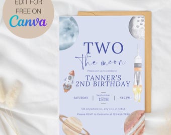 Two the Moon Birthday Invitation | Editable Space 2nd Birthday Invite | Digital Download Template