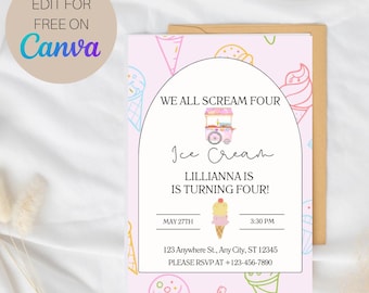 Może przedstawiać: Różowe zaproszenie urodzinowe z motywem lodów z tekstem "WE ALL SCREAM FOUR" i "Ice Cream". Zaproszenie zawiera imię "LILLIANNA IS TURNING FOUR!" oraz informacje RSVP. Projekt zawiera ilustracje rożków lodowych.