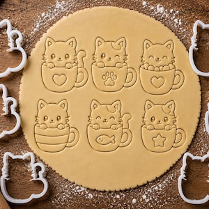 6 cortadores de galletas con forma de gato en taza | Cortadores de galletas de gato kawaii | Juego de 6 diseños adorables | Para galletas, fondant y galletas de mantequilla