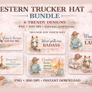 Western Trucker Hat PNG Bundle | Horse Girl, Cowgirl Patch Designs (Instant Download)