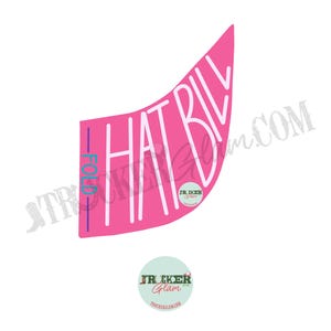 May include: A pink graphic with the words "HAT BILL" in white, with the word "FOLD" in blue. A small circular logo with text is at the bottom. The background is white.