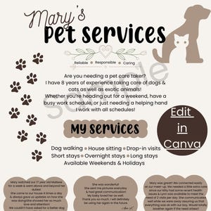 Könnte beinhalten: Eine Anzeige für "Mary's Pet Services" mit einer Hunde- und Katzensilhouette, Pfotenabdrücken und Details zu Tierbetreuungsdiensten. Zu den Dienstleistungen gehören Gassi gehen, Hausbesuche und Übernachtungen. Die Anzeige enthält auch Kundenbewertungen.