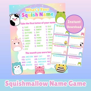 May include: A colorful Squishmallow Name Game printable featuring a cow, frog, unicorn, and other cute characters. The game includes a list of names and months for players to find their Squish name. Includes instant download cards.