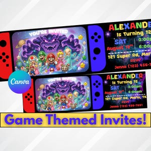 Puede incluir: Invitaciones temáticas de juegos con una colorida ilustración de personajes de videojuegos. Las invitaciones están diseñadas para parecerse a un mando de juegos, con detalles en rojo y azul. El texto incluye "You're Invited" y detalles de la fiesta.
