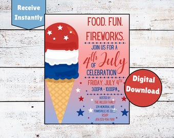 4th of July Neighborhood Party Invite, Printable, Bbq Picnic Summer Party, Patriotic, Memorial Day Flyer, INSTANT DOWNLOAD, EDITABLE