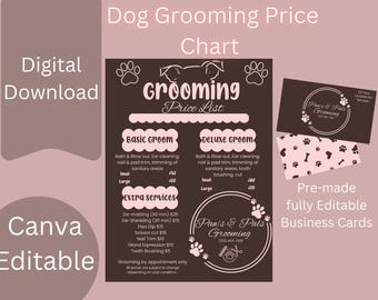 Dog Grooming Price List & Business Cards: Editable Canva Template (Digital Download)