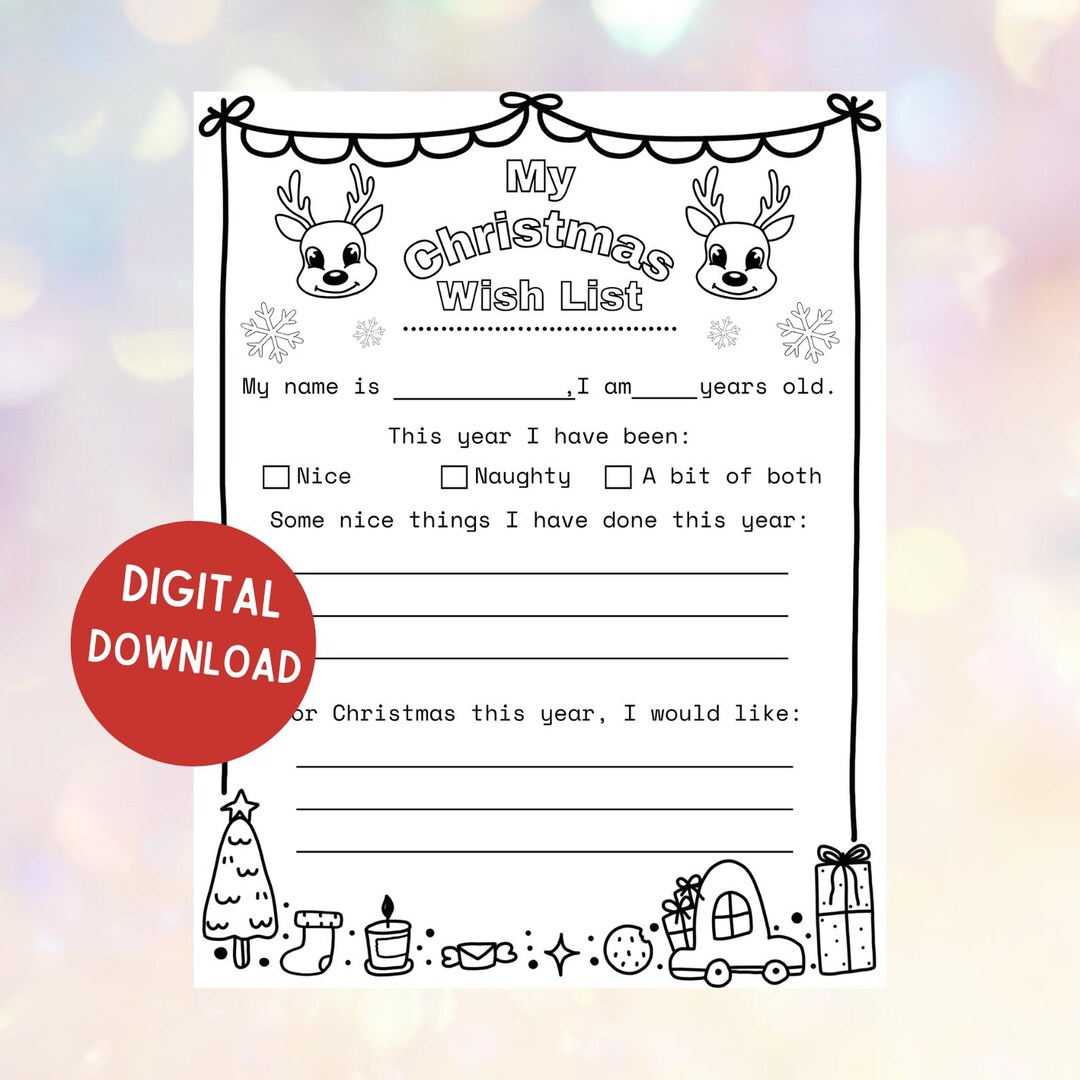 Kids' Christmas Wish List Coloring Page - Letter to Santa (digital ...