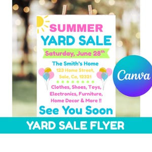 Op de afbeelding: Een flyer voor een zomerse rommelmarkt met de tekst "SUMMER YARD SALE" in roze en turquoise. De flyer bevat de datum, het adres en de te koop aangeboden artikelen. Een Canva-logo staat rechtsonder.