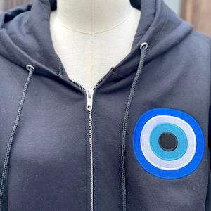 BLUE EVIL EYE - Evil Eye Zip Up Hoodie, Evil Eye Sweatshirt, Turkish Evil Eye, Evil eye Sweater, Embroidered Evil Eye, Evil Eye T Shirt