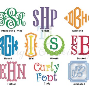 May include: Nine different monogram styles are shown in various colors. The styles include Interlocking - Vine, Formal, Diamond, Round, Seal, Wreath, Stacked, Fishtail, Curly, and Embossed.