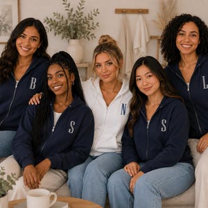 May include: Five people wearing zip-up hoodies. Four are navy blue with white embroidered initials, and one is white with a blue initial. The hoodies have a drawstring hood and pockets. The people are sitting on a couch.