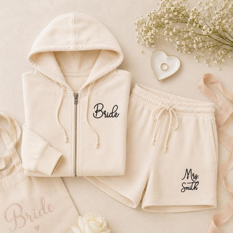 May include: Cream-colored bridal loungewear set featuring a zip-up hoodie with "Bride" script, matching shorts with "Mrs. Smith" script, and a tote bag. A heart-shaped ring dish and floral accents complete the ensemble. The set is made of a soft, comfortable material.