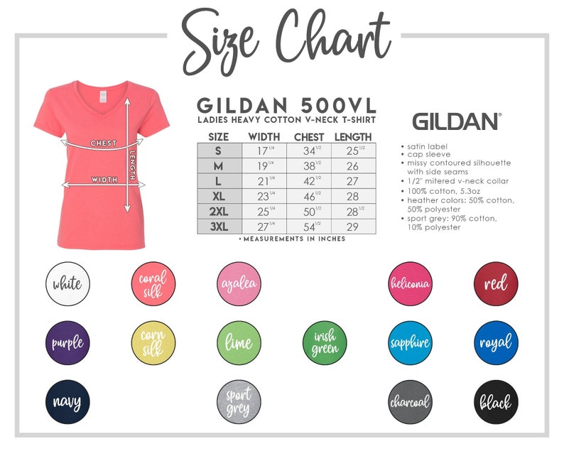 K&ouml;nnte beinhalten: Gr&ouml;&szlig;entabelle f&uuml;r Gildan 500VL Damen Heavy Cotton V-Neck T-Shirt. Die Tabelle zeigt die Gr&ouml;&szlig;en S bis 3XL mit Ma&szlig;en in Zoll f&uuml;r Breite, Brust und L&auml;nge. Die Tabelle enth&auml;lt auch Details zur Konstruktion des Shirts und zur Stoffzusammensetzung.