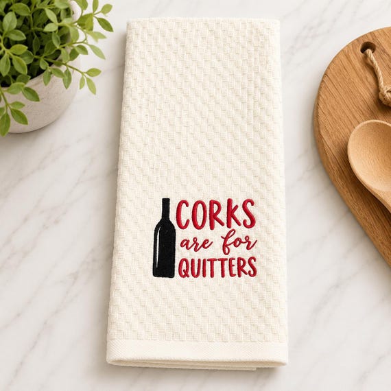 CORKS ARE For QUITTERS - Wine Dish Towel, Wine Towel, Wine Gift, Kitchen Hand Towel, Kitchen Tea Towel, Funny Towels, Wine Funny Towels