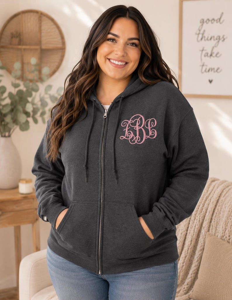PLUS SIZE MONOGRAM - Plus Size Hoodie, Plus Size Clothing, Monogram Sweatshirt, Plus Size Sweatshirt, Monogram Gift, Monogram Zip Up image 1