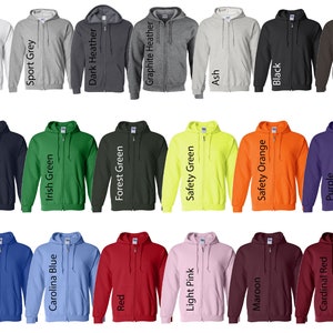 May include: A selection of 20 full-zip hooded sweatshirts in various colors, including white, navy, royal blue, sport grey, Irish green, Carolina blue, dark heather, red, forest green, graphite heather, light pink, safety green, ash, maroon, safety orange, black, cardinal red, purple, and dark chocolate.