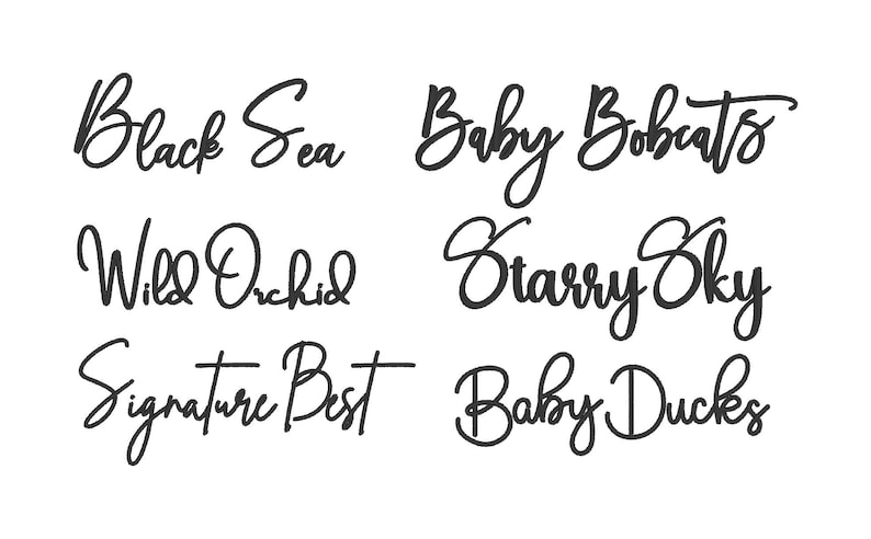 May include: A collection of six phrases in a cursive font: "Black Sea", "Baby Bobcats", "Wild Orchid", "Starry Sky", "Signature Best", and "Baby Ducks". The words are in a dark color against a white background.