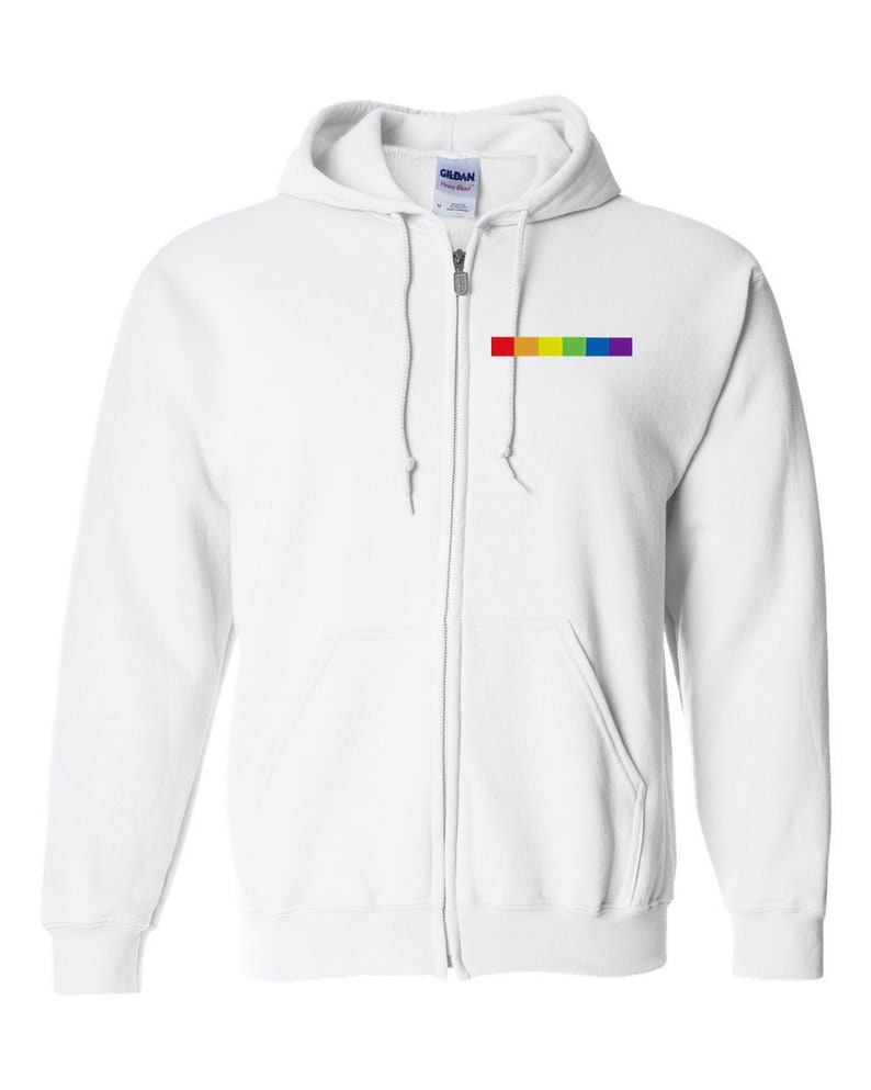 May include: White zippered hoodie with a rainbow stripe on the left chest.