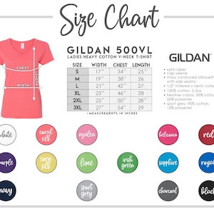 Op de afbeelding: Maattabel voor het Gildan 500VL Dames Heavy Cotton V-Neck T-Shirt. De tabel toont maten S tot en met 3XL met metingen in inches voor breedte, borst en lengte. De tabel bevat ook details over de constructie van het shirt en de stofsamenstelling.
