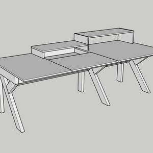 May include: A white desk with a wooden frame and a shelf above the desk. The desk has a drawer on the left side and a shelf on the right side.
