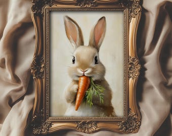 Easter Bunny Print Wall Art Neutral Printable Rabbit Carrot Vintage Pastel Nursery Art Decor Blush Spring
