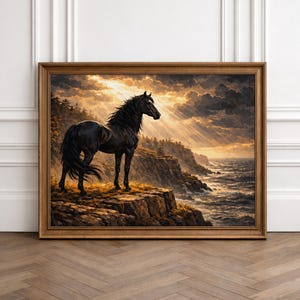 May include: A framed art print showing a black horse on a cliff edge, overlooking a stormy sea. The artwork features a dramatic sky with golden sunlight breaking through dark clouds, creating a striking contrast. The horse is the focal point.