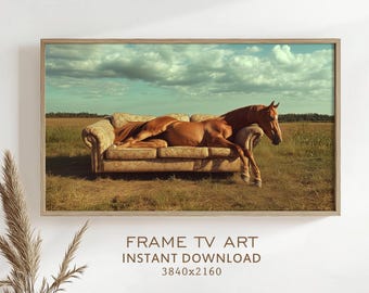 Frame TV Art Horse Lounging On Sofa Screensaver Farmhouse Decor Landscape Elegant Horse On Couch Western Style Instant Download