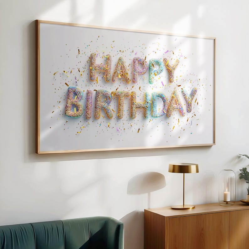 May include: A framed print with the words "HAPPY BIRTHDAY" spelled out in colorful, sprinkle-covered letters. The white background is speckled with confetti, and the frame is a light wood color. A festive birthday decoration.