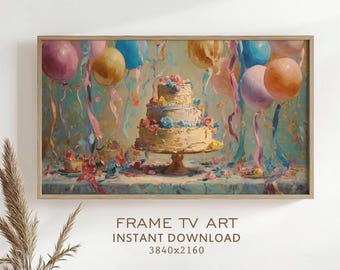 Party Frame TV Art for Birthday Vintage Cake Balloons Painting Celebration Decor Happy Birthday TV Screensaver Digital Download