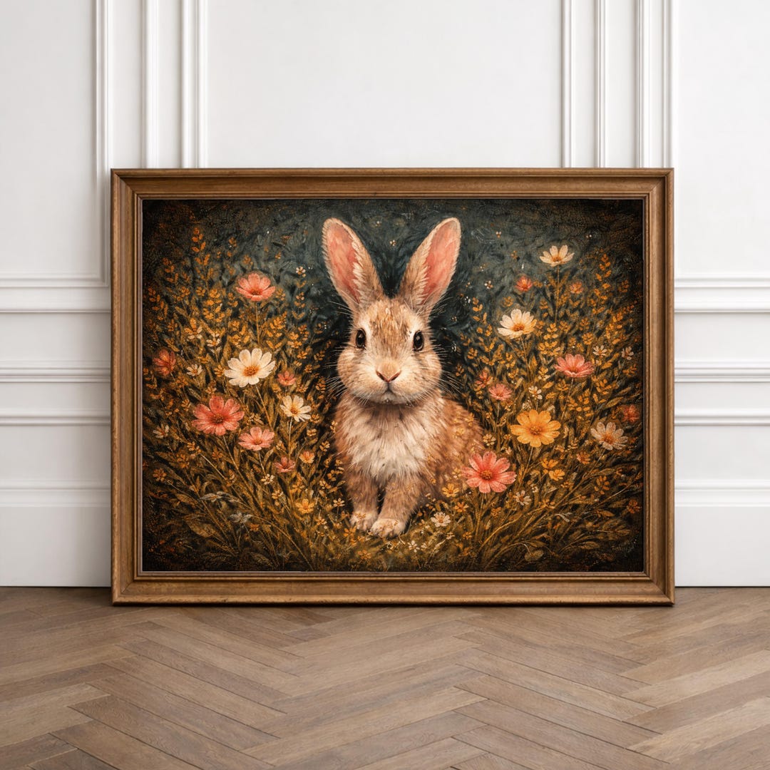 Rabbit Wall Art Wildflowers Printable Bunny Print Easter Spring Moody ...