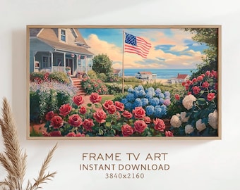 Frame TV Art 4th of July Coastal Garden Summer Painting Floral Decor American Flag Screensaver USA Country Farmhouse Digital Download