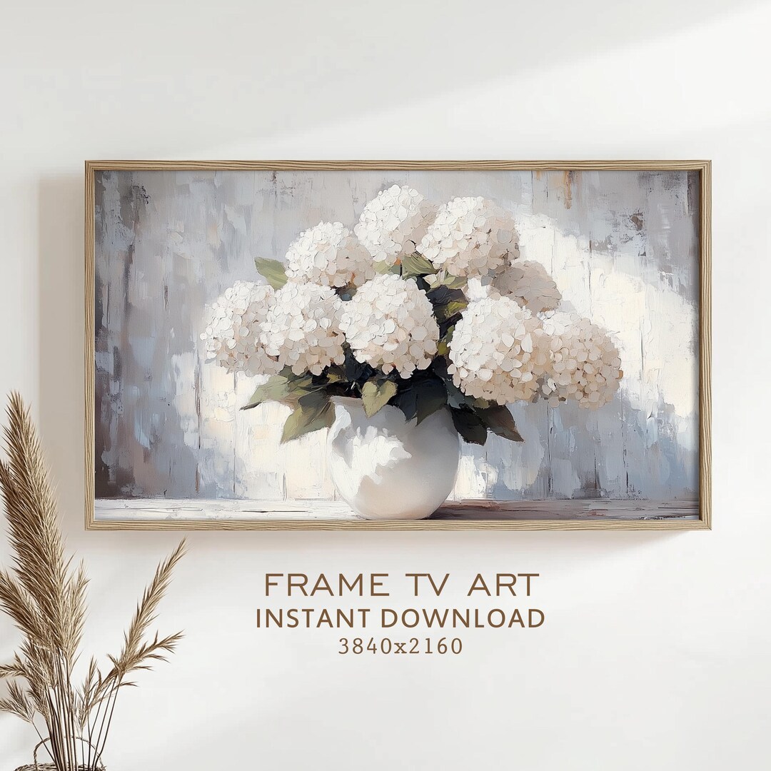 Frame Tv Art White Hydrangeas Still Life Painting Vintage Style Summer