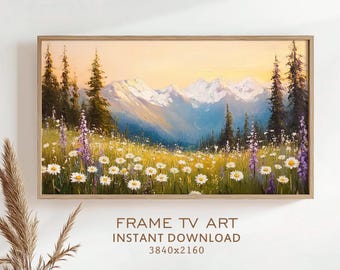 Alpine Meadow Frame TV Art Painting Wildflowers Floral TV Decor Spring Mountains Artwork Flowers Screensaver Country Farmhouse Cottage Art