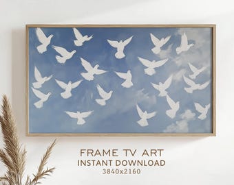Cadre d'été Art pour la télévision, oiseaux blancs, ciel bleu, peinture, décor abstrait côtier, économiseur d'écran, mouette Japandi, téléchargement numérique
