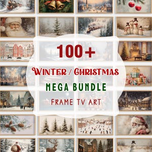 Puede incluir: Una colección de impresiones artísticas enmarcadas con temas de invierno y Navidad. Las impresiones presentan varias escenas, incluyendo paisajes nevados, Papá Noel y decoraciones festivas. El texto central dice "100+ Winter/Christmas Mega Bundle Frame TV Art."