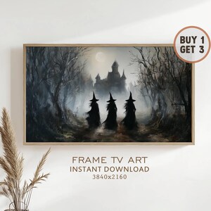 Puede incluir: Obra de arte enmarcada que representa a tres brujas silueteadas caminando por un bosque oscuro hacia un castillo bajo la luna llena. La obra está en un marco de madera. El texto de la imagen dice "FRAME TV ART INSTANT DOWNLOAD 3840x2160" y "BUY 1 GET 3".